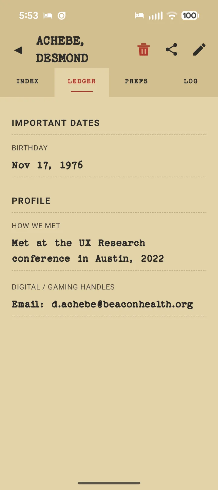 The Ledger tab: important dates and how you met