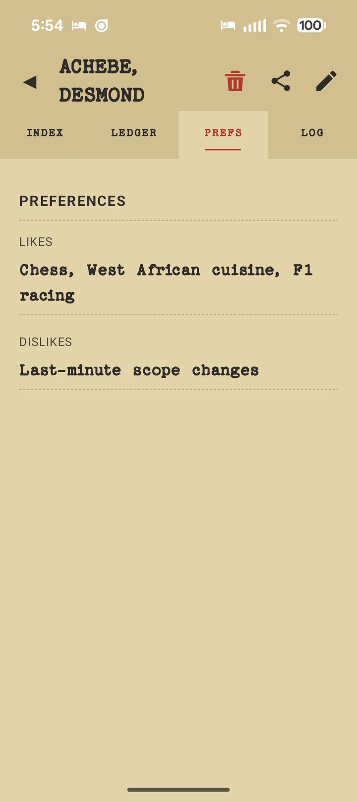 The Prefs tab: likes and dislikes