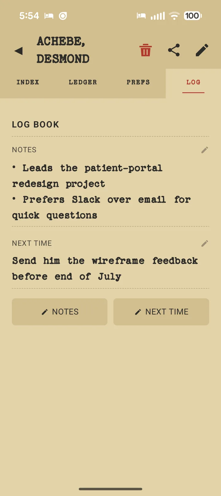 The Log tab: notes and a reminder for next time
